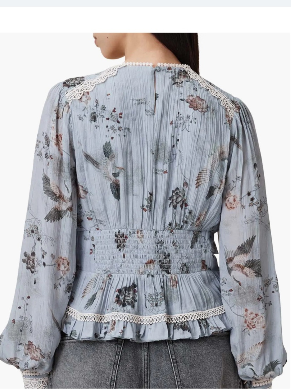 AllSaints Pale Blue Floral Bird Lace-Trim Blouse